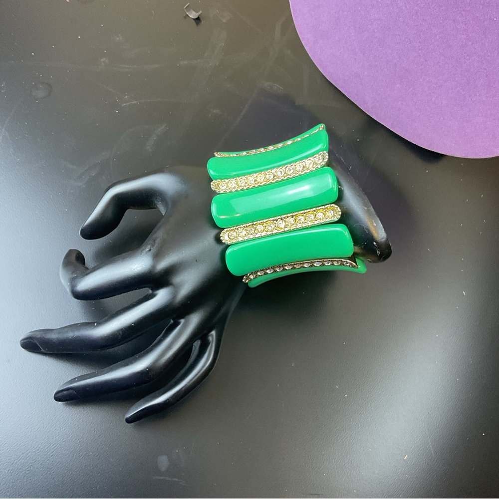 Green and silver  stretchy adjustable bracelet with faux diamonds/ rhinestones